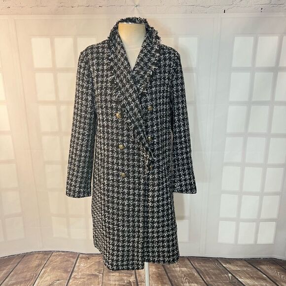 Alya Franchesca Black White Long Lightweight Tweed Coat Size Medium - Picture 4 of 14